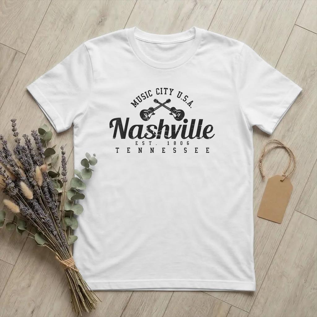 Nashville Tennessee Country Music T Shirts Unisex Pure Cotton Crazy TShirt Crewneck Guitar City Tees Short Sleeve merch Birthday