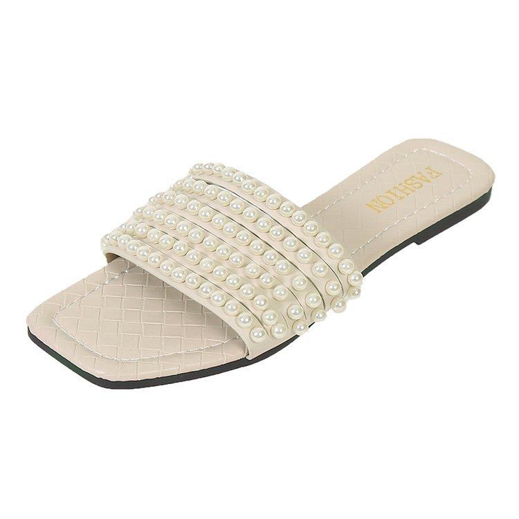 Новые модные женские сандалии на плоской подошве, нескользящие тапочки с жемчужным декоративным верхом, мягкие стельки, женская обувь