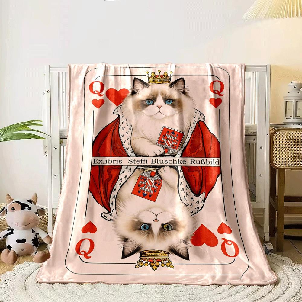 A regal cat wearing a crown and cape, styled as a Queen of Hearts card. for all seasons blanket lunch break throw gift