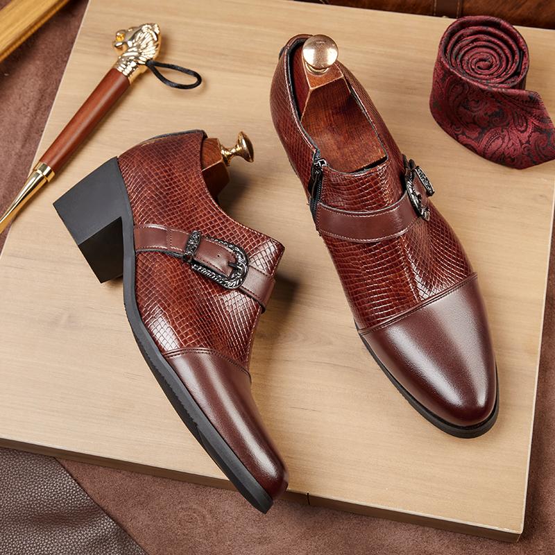 Fashion Design Heeled Leather Shoes Retro Buckle Men's Wedding Dress Shoes Slip-On Formal Shoes for Men Zapatos De Cuero Hombre