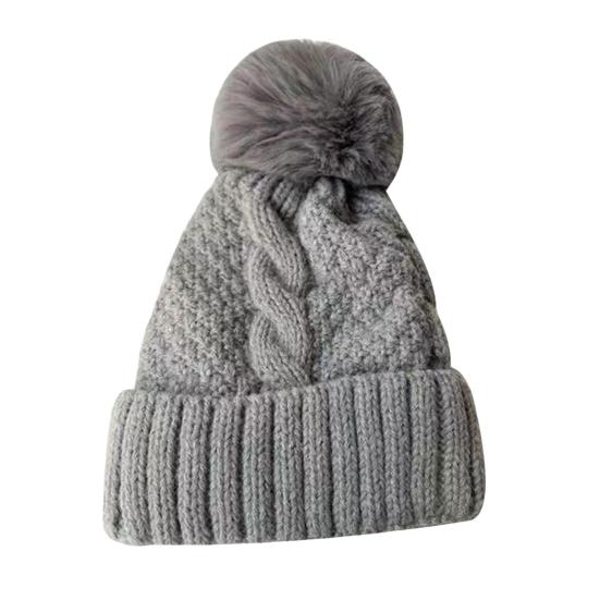 Unisex Winter Beanie Knitted Thick Folded Brim Solid Color Stretchy Pom-Pom Hat Ear Protection Piled Hat Windproof Cold Weather Warm Headgear