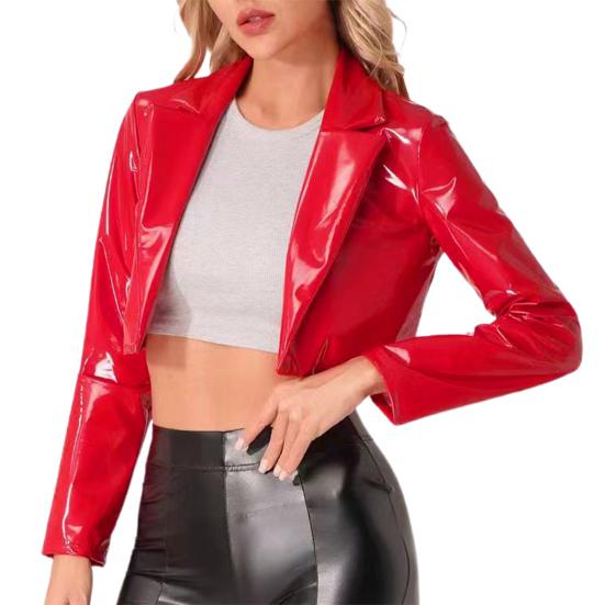 Glossy Faux Leather Women Cropped Coat Long Sleeve Solid Color Lapel Jacket Ladies Clubwear Cosplay Party Performance Festival Costume