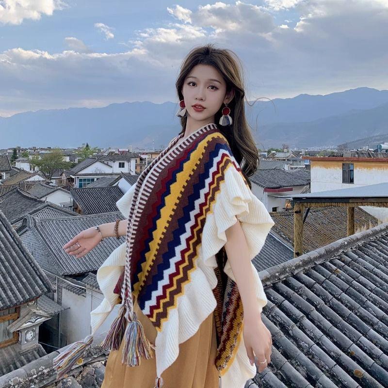 Юньнаньская ретро шаль с кисточками - Женский осенне-зимний плащ-шарф для путешествий и отпуска