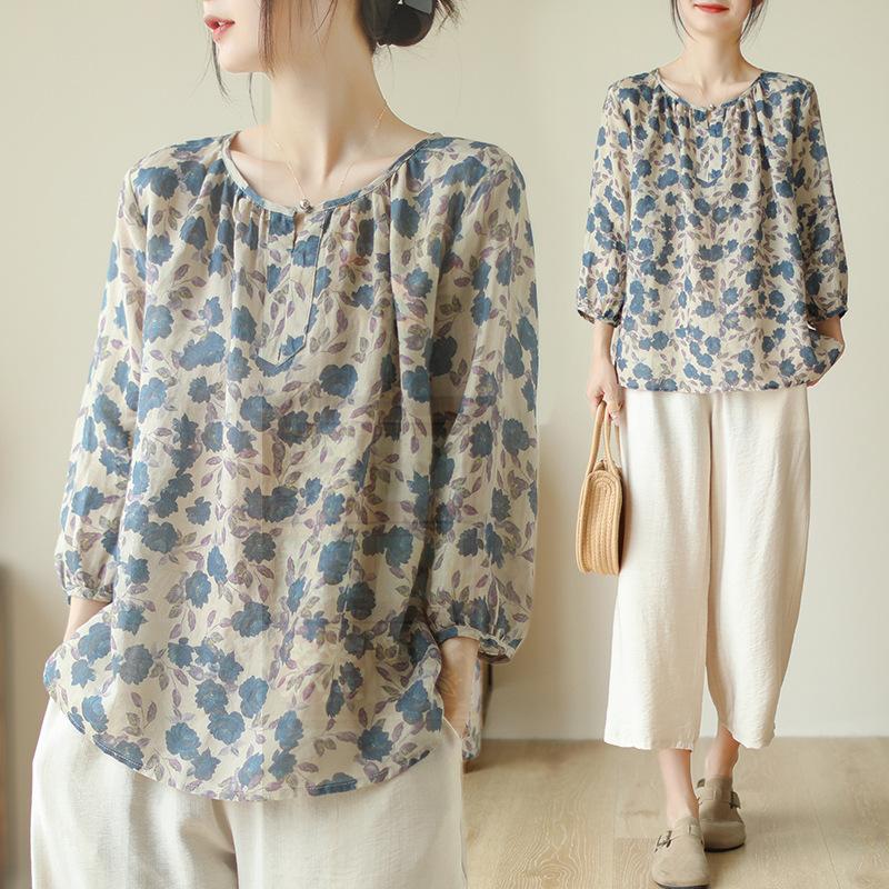 Художественный Ретро Хлопково-Льняной Топ Свободный Цветочный Топ с Рукавом Три Четверти Женские Блузки и Рубашки