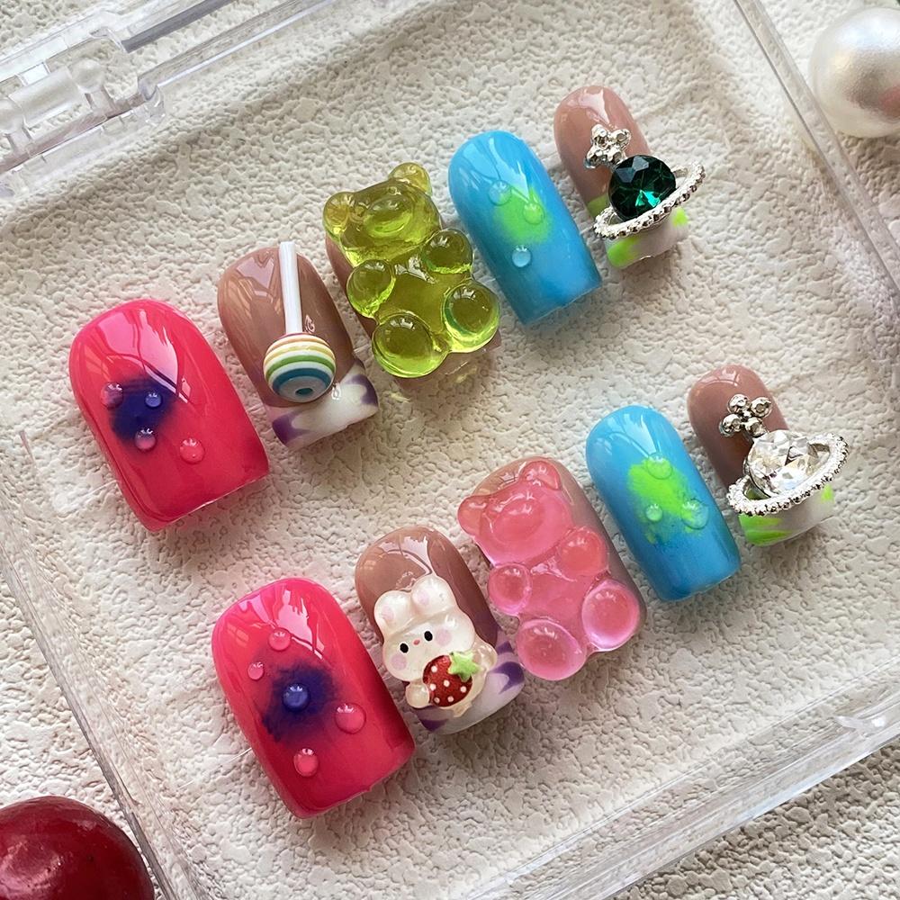 Glossy Hand Paint Thickness Acrylic Handmade Nail Sets 10PCS Multicolor Luxurious Gorgeous UV Gel Carved Artificial Manicure Art