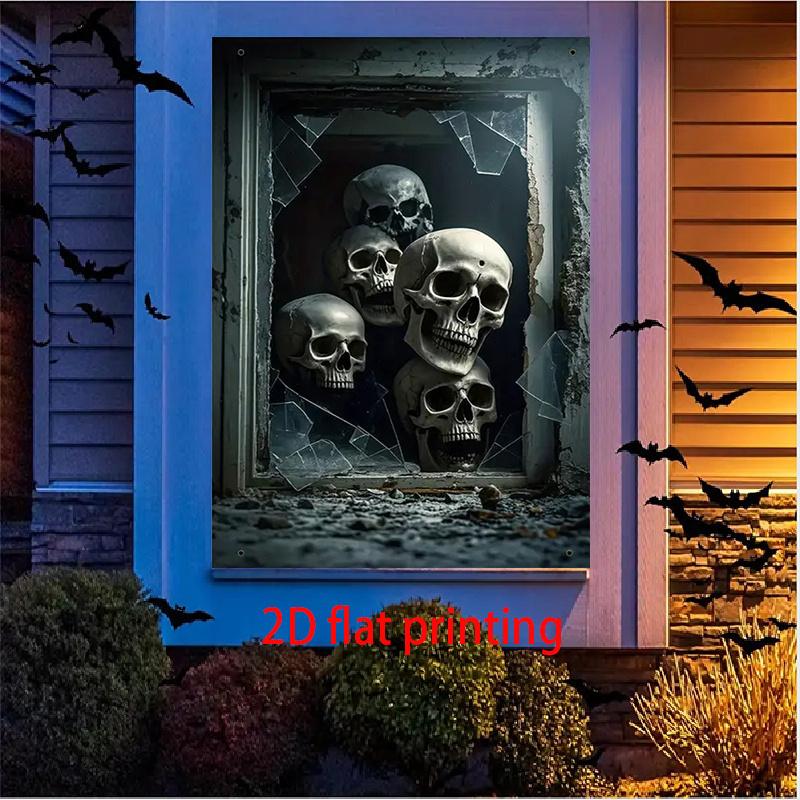 2D window decorative background, 1pc skull-themed background window banner, broken window and stacked skeleton design