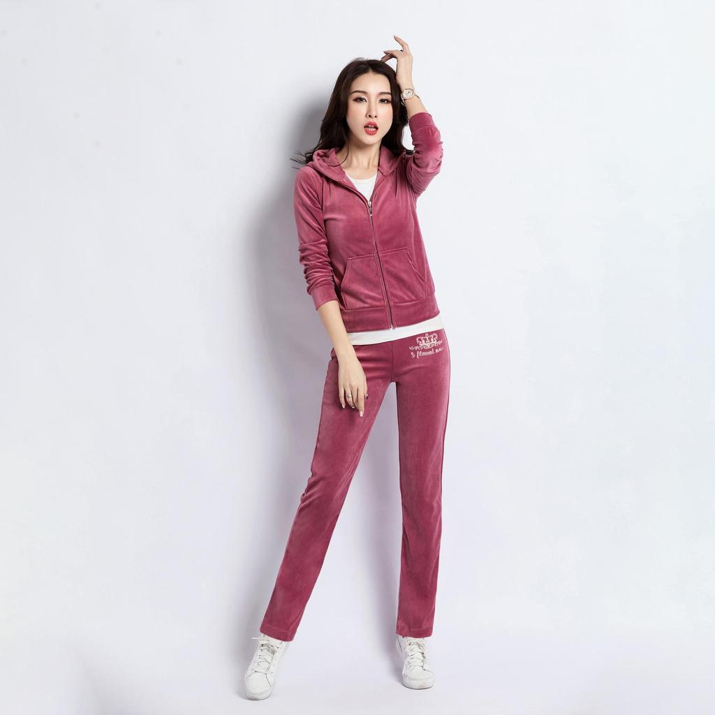 Тонкий бархатный спортивный костюм, женский корейский повседневный базовый комплект из двух предметов на молнии с капюшоном, топы и брюки, мягкая домашняя одежда, ансамбль Femme
