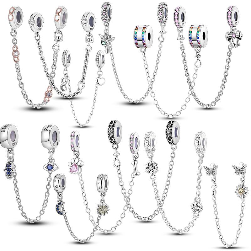 Copper Stars Moon Sun Clover Safety Chains Pendant Charms Beads Fit Original Bracelets Diy Jewelry Gift For Women