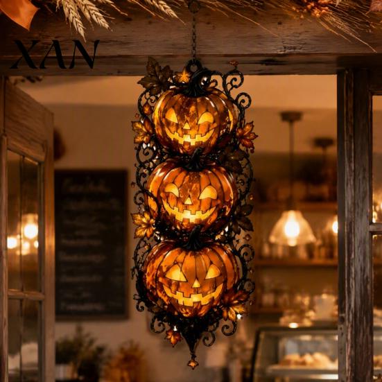 Decorative Pumpkin Light Pendants Triple Jack-O'-Lantern Acrylic Hanging Ornament, Vine Fall Wall Decor, Stained Vertical Art Glass Style Halloween