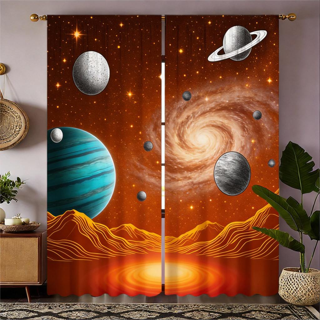 Galaxy Curtains 2pcs – Black and White Planets Stars Print, Astronomical Art Decor for Bedroom Living Room