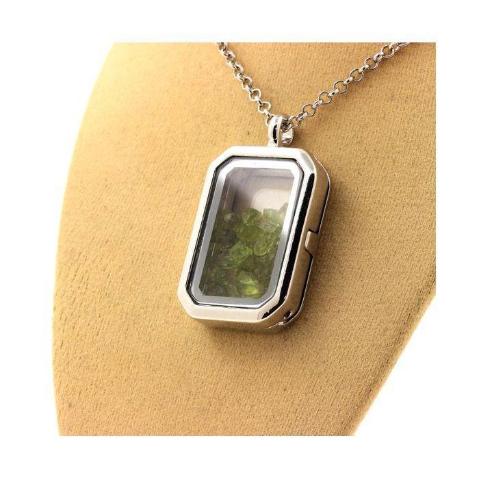 Stones and Minerals. Raw Peridot Necklace. Rectangular Model with Cut Sides.