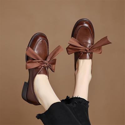 Модные новые весенние женские туфли из коровьей кожи с круглым носком, женские туфли-лодочки, женские туфли на массивном каблуке, лоферы, модное украшение в виде банта, повседневная обувь