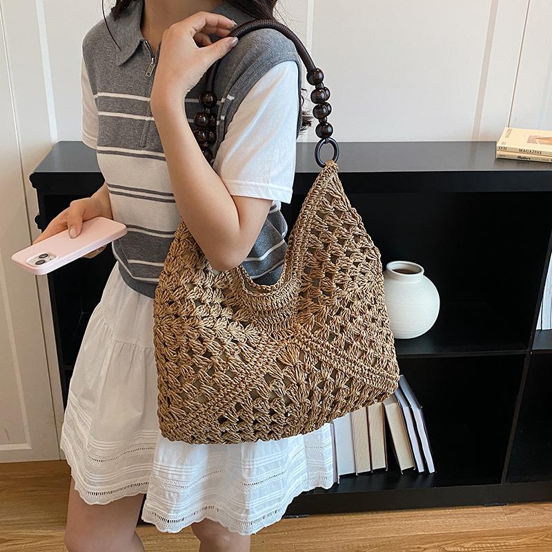 Large Capacity Hollow Beaded Straw Woven Single Shoulder Tote Beach Bag