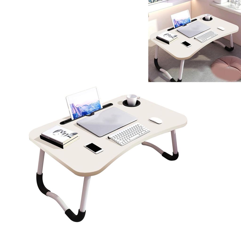 Kids Laptop Desk with Cup Holder Density Board Foldable Bed Table for Household BedroomWhite