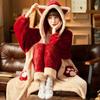 Autumn Winter Hooded Pajama Sets Thicken Warm Coral Fleece Sleepwear Sweet Cute Female