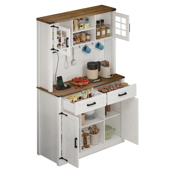 Kitchen Sideboard Bar Cabinet with LED Light And Electrical Outlets Large Buffet 2 Drawers Barn Door Design Adjustable Shelves Rustic Coffee
