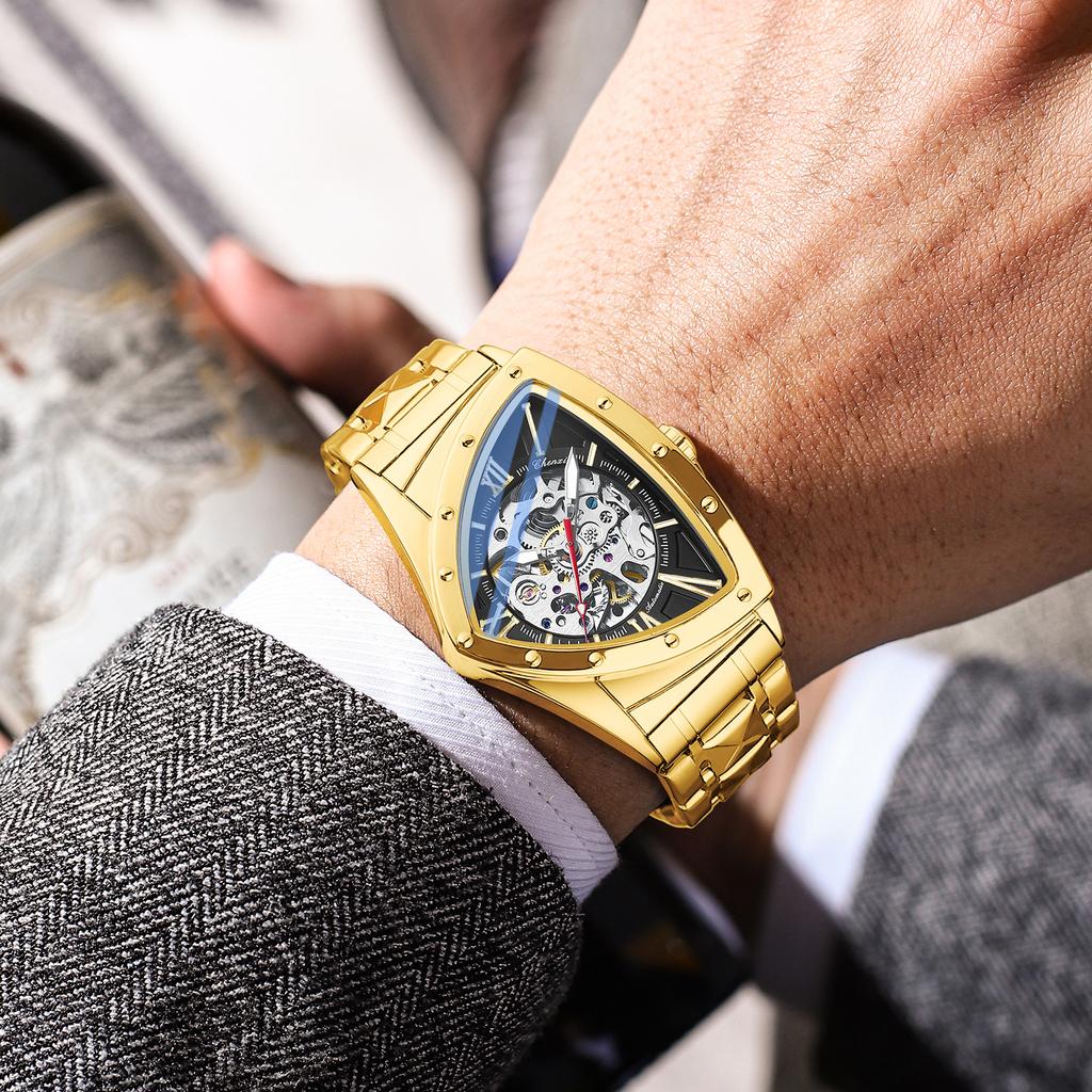 Автоматические мужские часы класса люкс из нержавеющей стали с треугольным циферблатом, механические наручные часы-скелетоны, водонепроницаемые, светящиеся часы