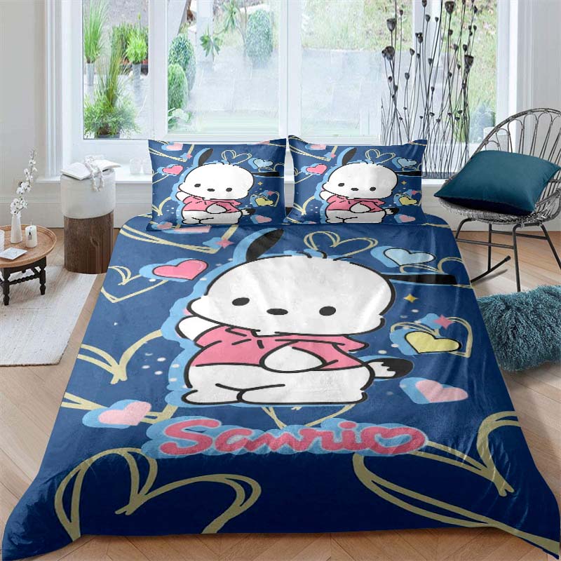 The new cartoon Pochacco dog themed three piece bedding set for 2026, including duvet covers and pillowcases, is the perfect cho