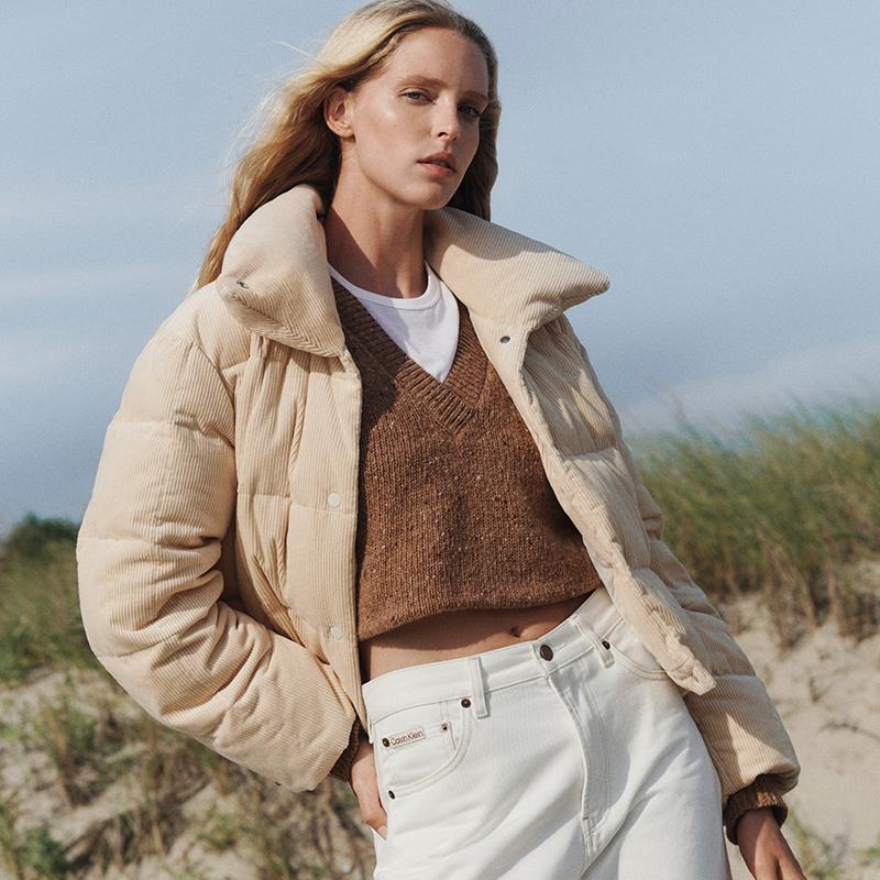 Calvin Klein Corduroy Vintage Loose High Collar Puffer Jacket Women Outerwear 44D527G