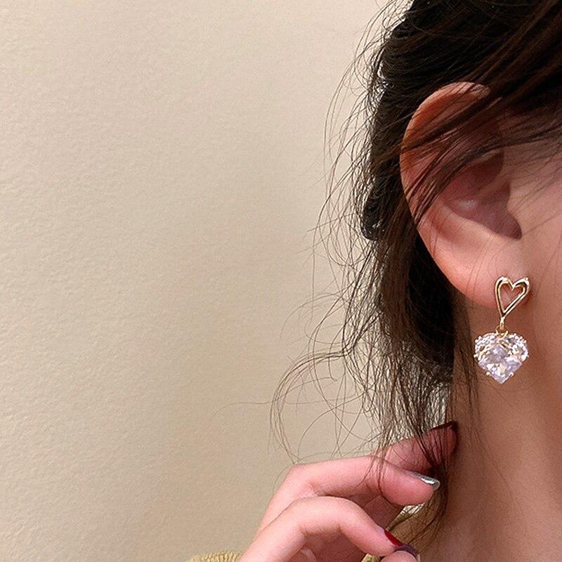 Trendy 14k Real Gold Crystal Heartearrings For Women Accessories Korean Fashion Jewelry S925 Silver Needle Shiny Zircon Ins Gift