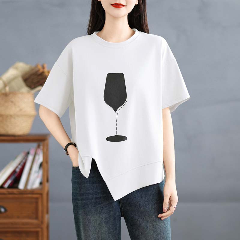 Dimanaf 2025 Лето Плюс Размер Футболка Женская Асимметричный Принт Короткий Рукав Свободные Топы Футболки Повседневные