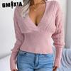 Women's Fashion Casual Solid Color Autumn Winter Long Sleeve V-neck Slim Bat Sleeve Pullover