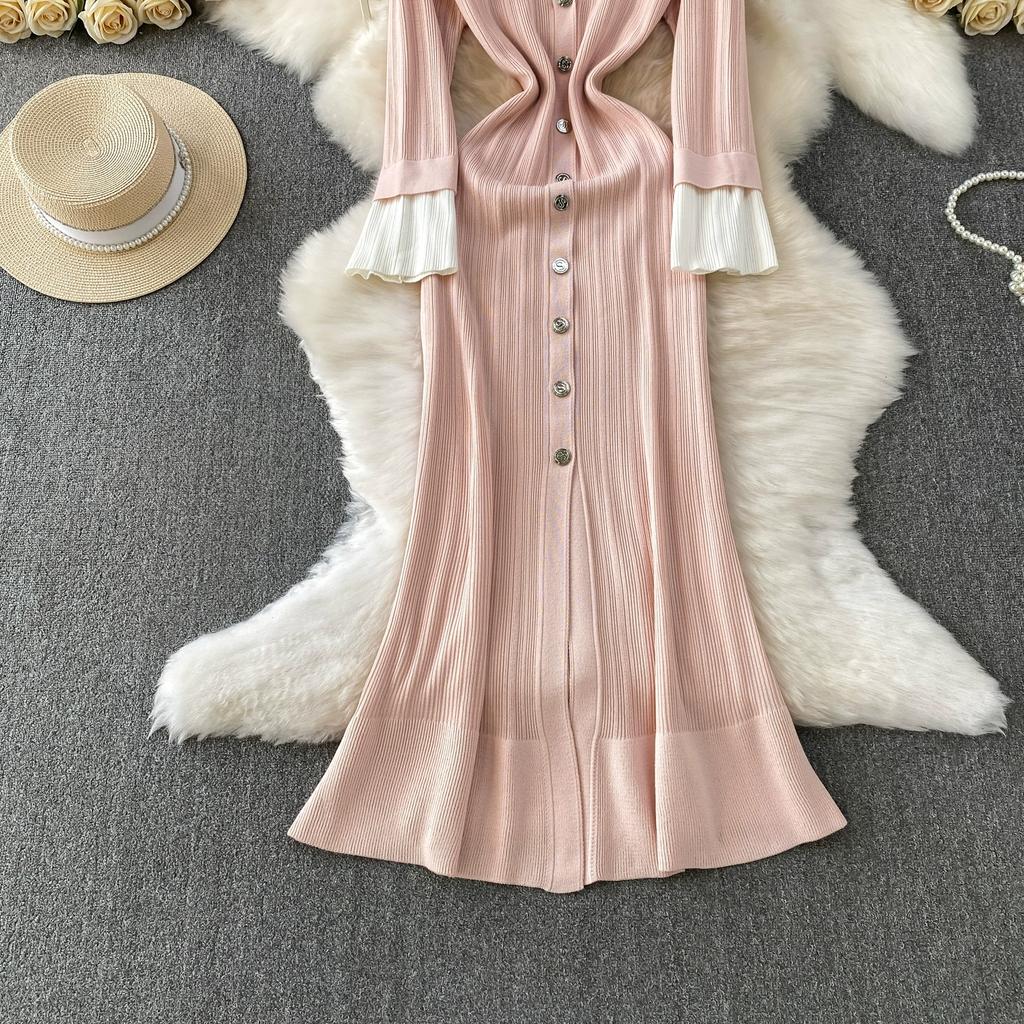 Autumn Winter Women V-neck Full Sleeve Knitted Pullover Sweater Party Long Maxi Mermaid Dresses