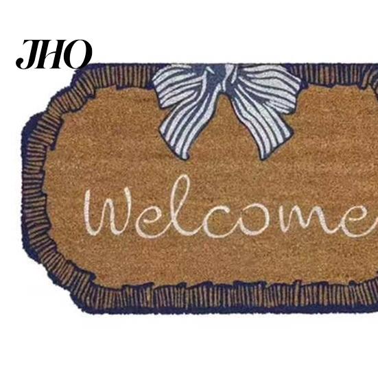 Stylish Front Door Doormat Welcome Coir Natural Coconut Fiber Doormat, Non-Slip Outdoor Entry Rug Decorative Floor Mat with Blue & White Bow,