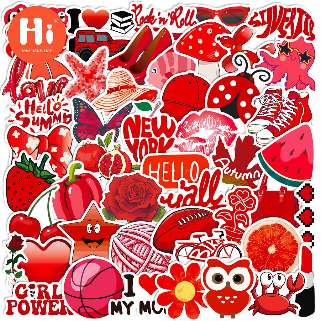 50 Pcs New Red Mixed Stickers VSCO Red Small Fresh Stickers Cute Cartoon Personalized Luggage Stickers