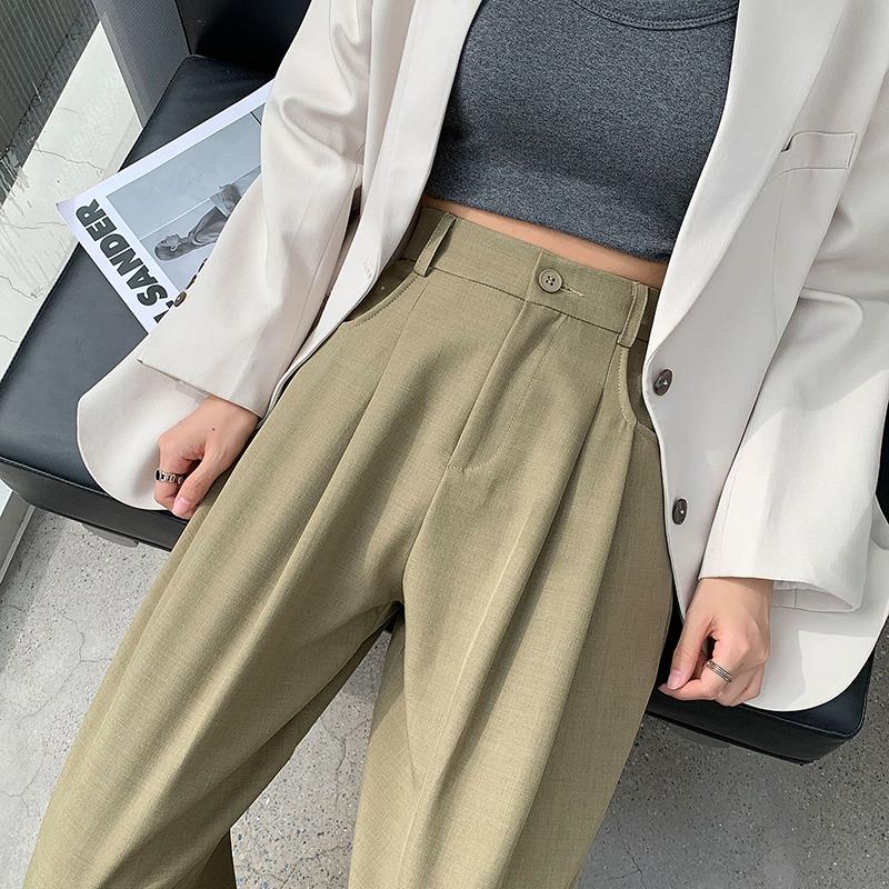 Модные новые женские прямые широкие брюки с высокой талией, простые офисные женские однотонные повседневные брюки, свободные элегантные облегающие женские брюки с карманами 25625