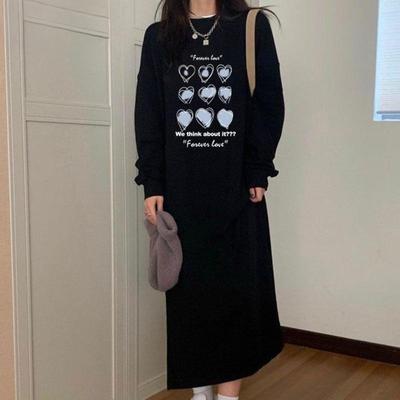 Женская мода Осень Зима Принт «Любовное письмо» Длинный рукав Круглый вырез Свободная талия Повседневные платья