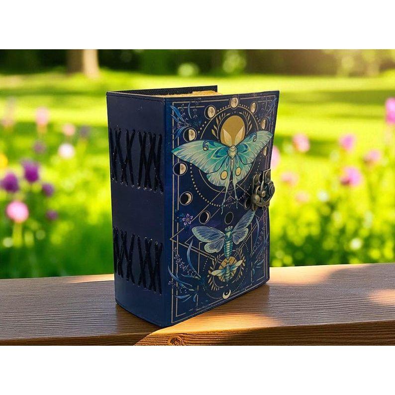Luna Moth Grimoire – Handmade Spell Book with Lock | Personalized Wiccan Leather Journal with Deckle Pages | Witchy Gift