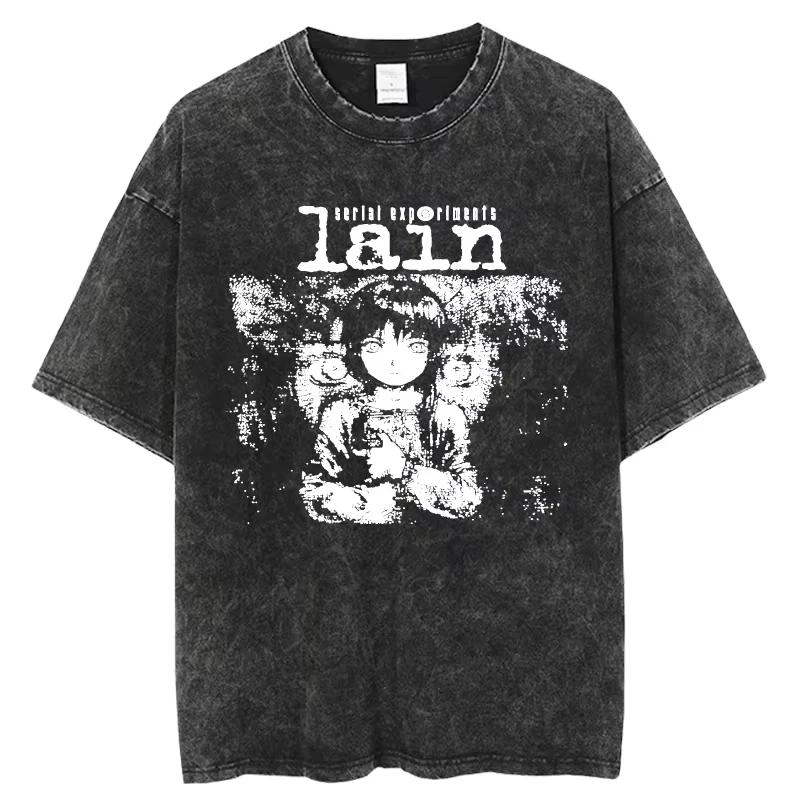 Anime Serial Experiments Lain Vintage Washed T Shirt Summer Men Women Tshirt Cotton Harajuku Oversized Short Sleeve Tees Tops