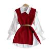 3Pcs/Set Women Shirt Vest Set Lapel Lantern Long Sleeve Single Breasted Shirt O-neck Side Slit Knitting Vest Set with Belt