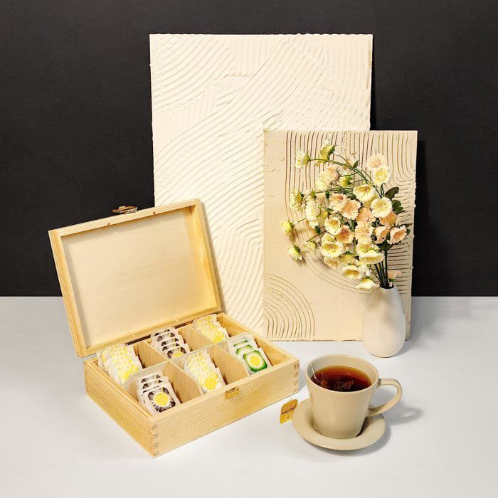 Неокрашенная деревянная коробка для чая - Creative Deco - 21 x 16 x 7 см - 6 отделений - Кухонное хранение