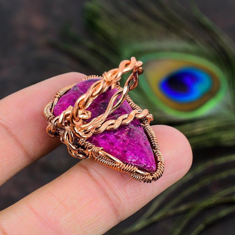Natural Pink Dendritic Gemstone Handmade Copper Wire Wrap Ring Size 8.5 D4n66