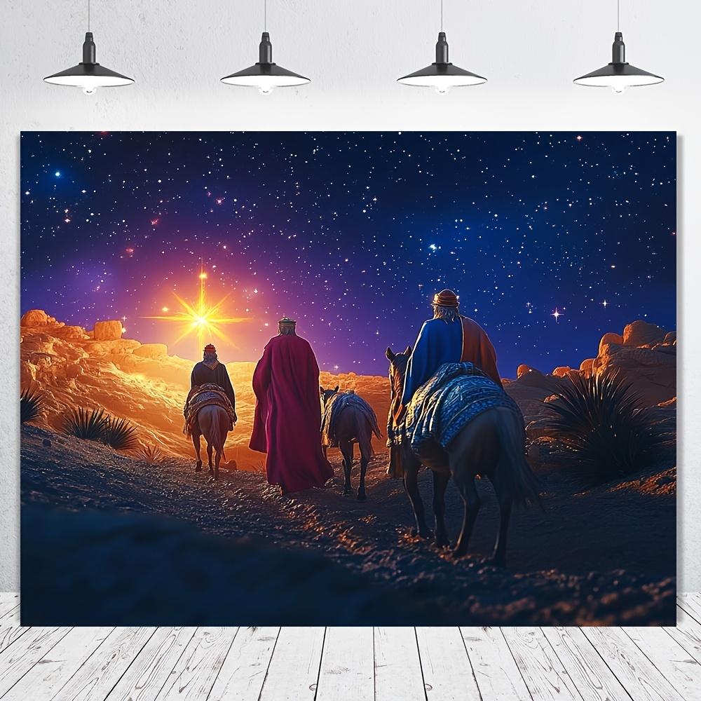 1pc Nativity Scene Tapestry Backdrop Durable Polyester Fabric Starry Night Desert Scene with Silhouettes of Three Wise
