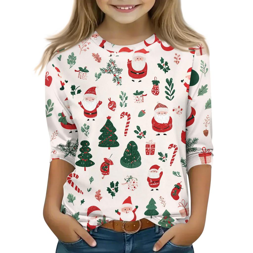 Children's 3/4 Sleeve Tops Casual Christmas Print T Shirt Round Neck Pullover Blouse