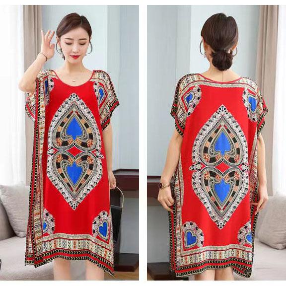 Летнее платье из хлопка и шелка. Прохладное и удобное платье средней длины с принтом. Свободное повседневное женское платье в этническом стиле с короткими рукавами.