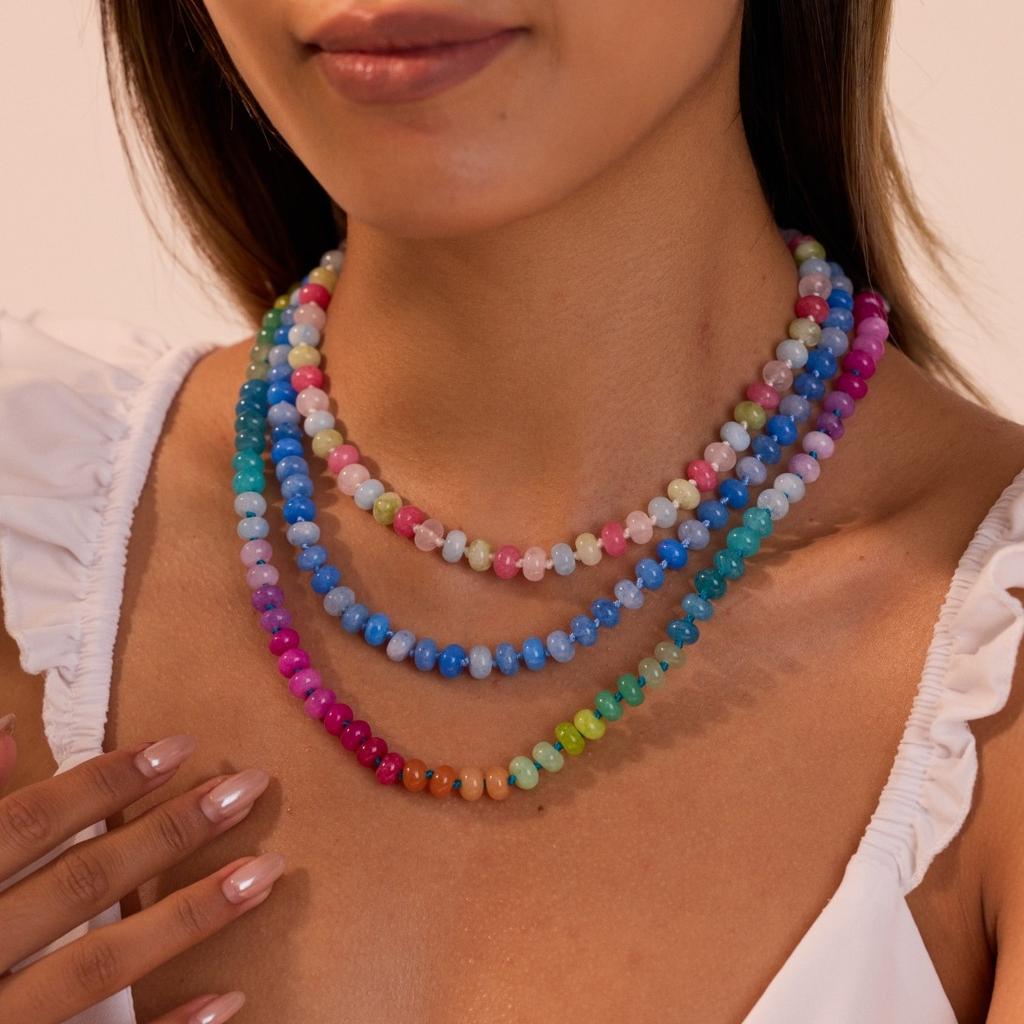 GEMCHIC Women's Dopamine Color Block Natural Stone Beaded Necklace Bohemian Style Layered Choker Statement Jewelry