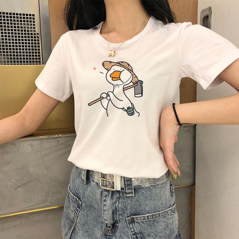 Футболка Kawaii Cartoon Duck Femme с летним принтом животных Женская футболка с круглым вырезом Повседневная