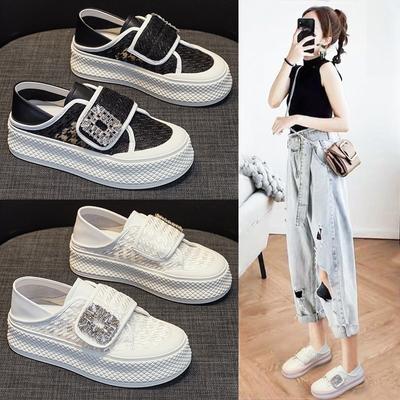 Женские белые туфли, летние, новые, сетчатые, со стразами, дышащие, универсальные, спортивные, повседневные, на платформе