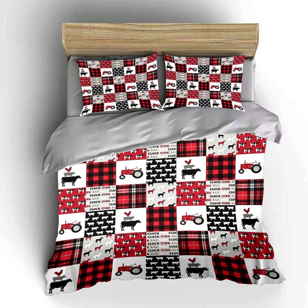 Farm Animal Buffalo Plaid Bedding Set 3pcs,Cow & Tractor Print Duvet Cover,Rustic Country Bed Linen for Kids Bedroom,Home Decor
