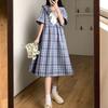 Ретро клетчатое летнее платье средней длины Новое платье в колледжском стиле для японской девушки Свободное платье с темно-синим воротником