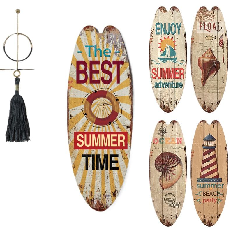 1PC Sea Surfboard Summer Beach Ocean Theme Decorative Wooden Printed Welcome Door Sign Home Board Vintage