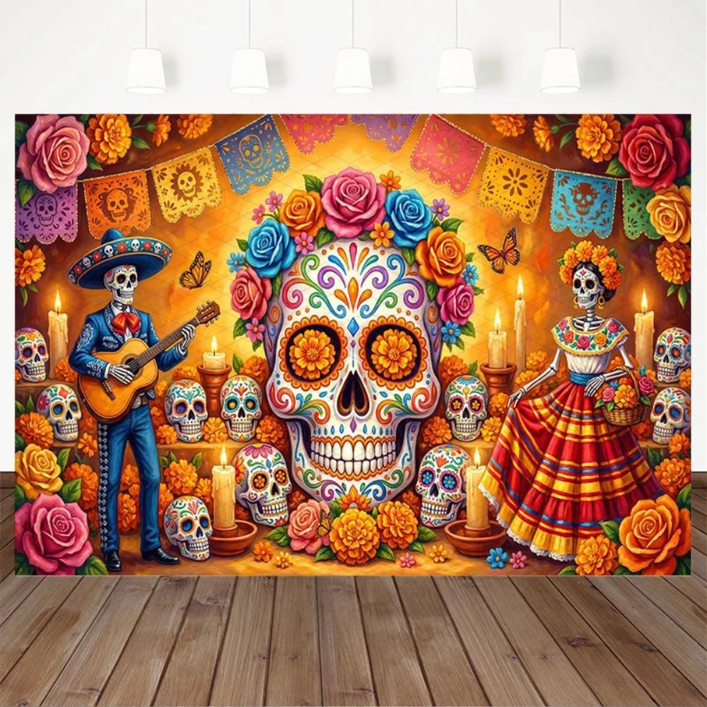 Carnival Mexico Sugar Skull Men and Women Theme Banner Background Day of The Dead Party Decoration Photography Background Cloth