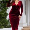 New Plus Size Long Sleeve Velvet Sheath Dress, Sexy, Pleated Wrap, Deep V Neck, Party Cocktail Dress