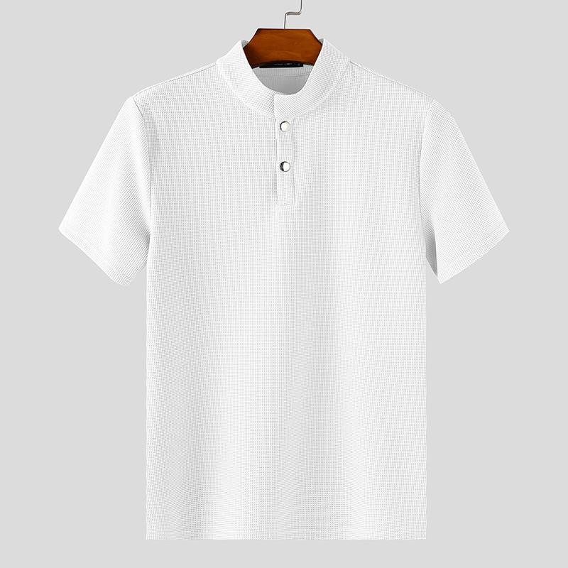 INCERUN Мужские повседневные футболки с коротким рукавом и воротником-стойкой, однотонные, вафельной текстуры