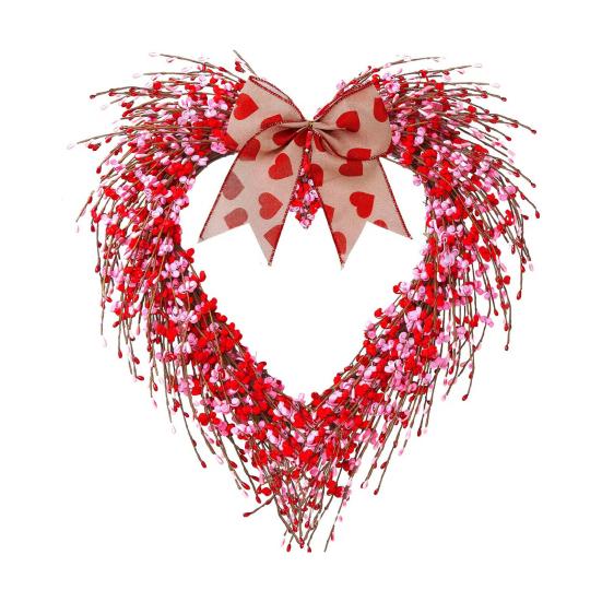 Holiday Wreath Heart Shape Indoor Outdoor Decorative Wreath with Festive Flowers Greenery Home Party Office
