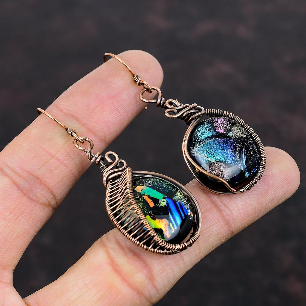 Серьги из американского дихроичного стекла, серьги из медной проволоки, серьги ручной работы, серьги из натурального драгоценного камня, медная проволока, ювелирные изделия, женский специальный подарок